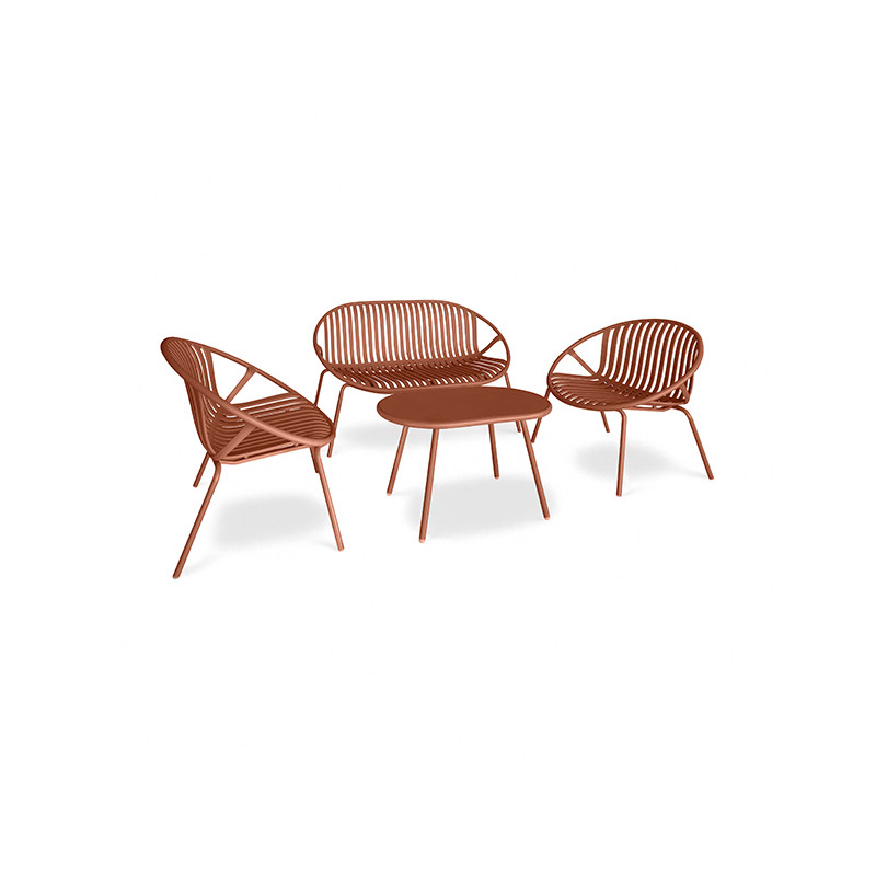 SALON DE JARDIN EN POLYPROPYLÈNE ET MÉTAL BRIQUE CALYPSO