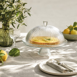 PLAT DE SERVICE SUR PIED  31.5CM EN VERRE TRANSPARENT AVEC CLOCHE