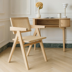 FAUTEUIL  BUREAU EN BOIS DE PIN  ET CANNAGE ROTIN 50X52X80CM HECTOR