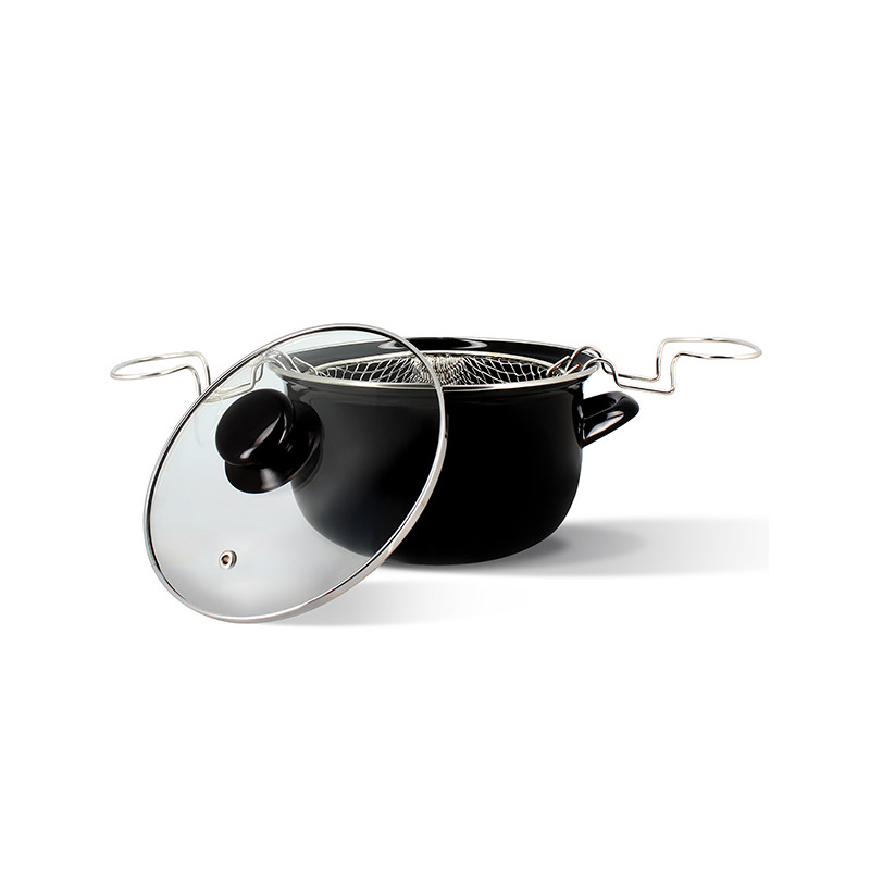 FRITEUSE 20CM EN ACIER ÉMAILLÉ NOIR AVEC COUVERCLE ET PANIER INOX
