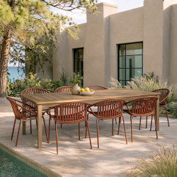 ENS TABLE 220CM EN BOIS ACACIA+8FAUTEUIL/TABLE POLYPROPY BRIQUE CALYPSO