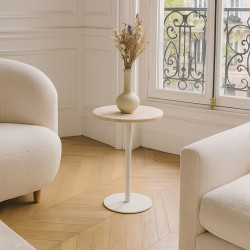 MEUBLE D'APPOINT EFFET TRAVERTIN BEIGE PIED MÉTAL BLANC TRAVI