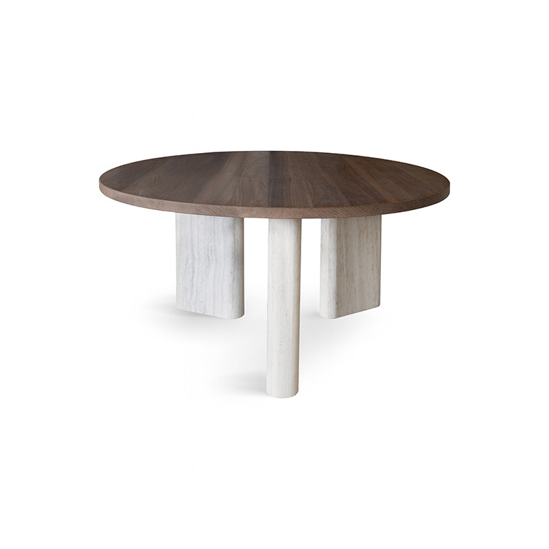 TABLE BASSE RONDE EFFET TRAVERTIN ET NOYER  80 X 80 X H 36 CM AMBER