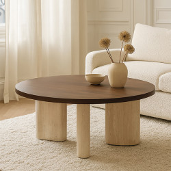 TABLE BASSE RONDE EFFET TRAVERTIN ET NOYER  80 X 80 X H 36 CM AMBER