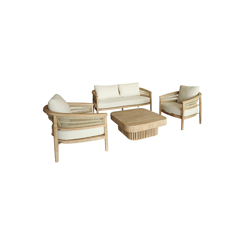 SALON DE JARDIN 4 PLACES EN BOIS D'ACACIA /CORDE ET COUSSINS TAUPE MAUI