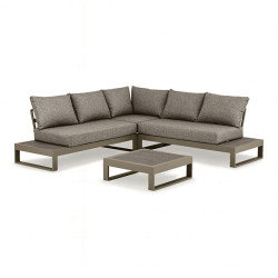 SALON D'ANGLE DE JARDIN STRUCTURE ALUMINIUM AVEC COUSSIN MOKA  RIVA BELLA