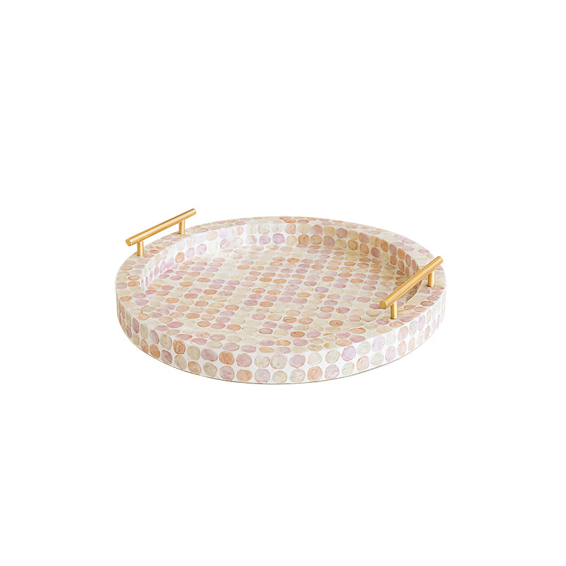 PLATEAU ROND AV POIGNÉE DORÉE COQUILLE DE CAPIZ ROSE 47X47X7CM CORALIA