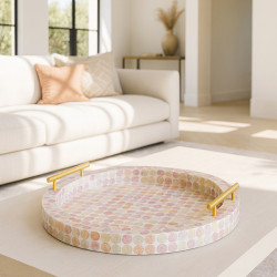 PLATEAU ROND AV POIGNÉE DORÉE COQUILLE DE CAPIZ ROSE 47X47X7CM CORALIA
