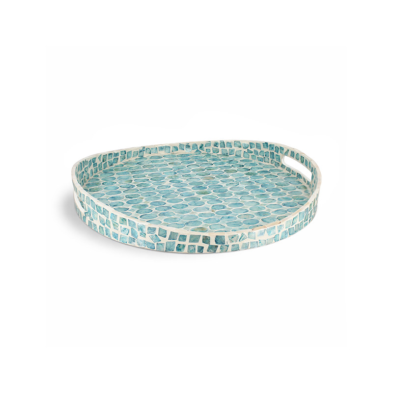 PLATEAU ROND AV POIGNÉE COQUILLE DE NACRE BLEU 45X45X6CM OLYNA