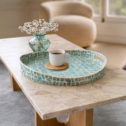 PLATEAU ROND AV POIGNÉE COQUILLE DE NACRE BLEU 45X45X6CM SOLNA