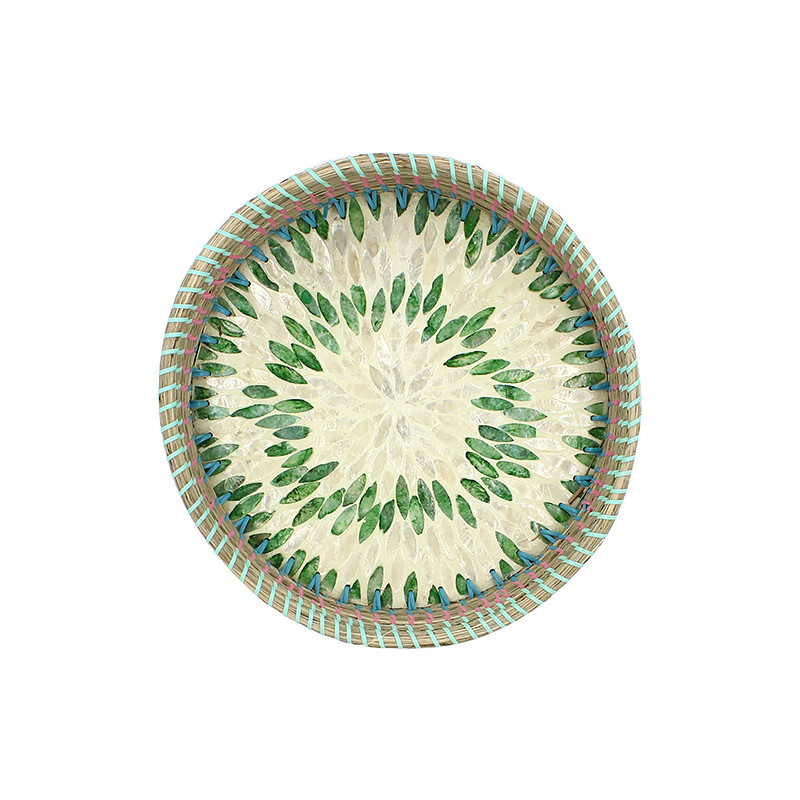 PLATEAU ROND EN JONC DE MER ET EN NACRE D33XH6CM PAROS