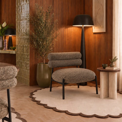 FAUTEUIL LOUNGE EN TISSU TWEED MOKA ET MÉTAL NOIR 62X75.5X68CM GINA