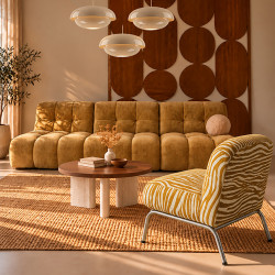 FAUTEUIL LOUNGE EN TISSU CHENILLE ZÉBRÉ OCRE DORÉ 65X77X69CM SAVARA