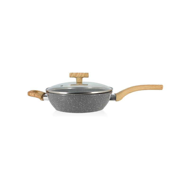 SAUTEUSE CANNELLE 24CM AVEC COUVERCLE EN VERRE ET POIGNÉES BOIS CLAIR