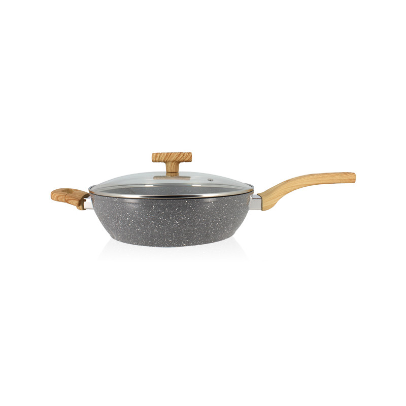 SAUTEUSE CANNELLE 28CM AVEC COUVERCLE EN VERRE ET POIGNÉES BOIS CLAIR
