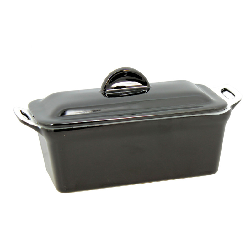 TERRINE RECTANGLE 24X10CM AVEC COUVERCLE + PRESSE EN GRÈS NOIR